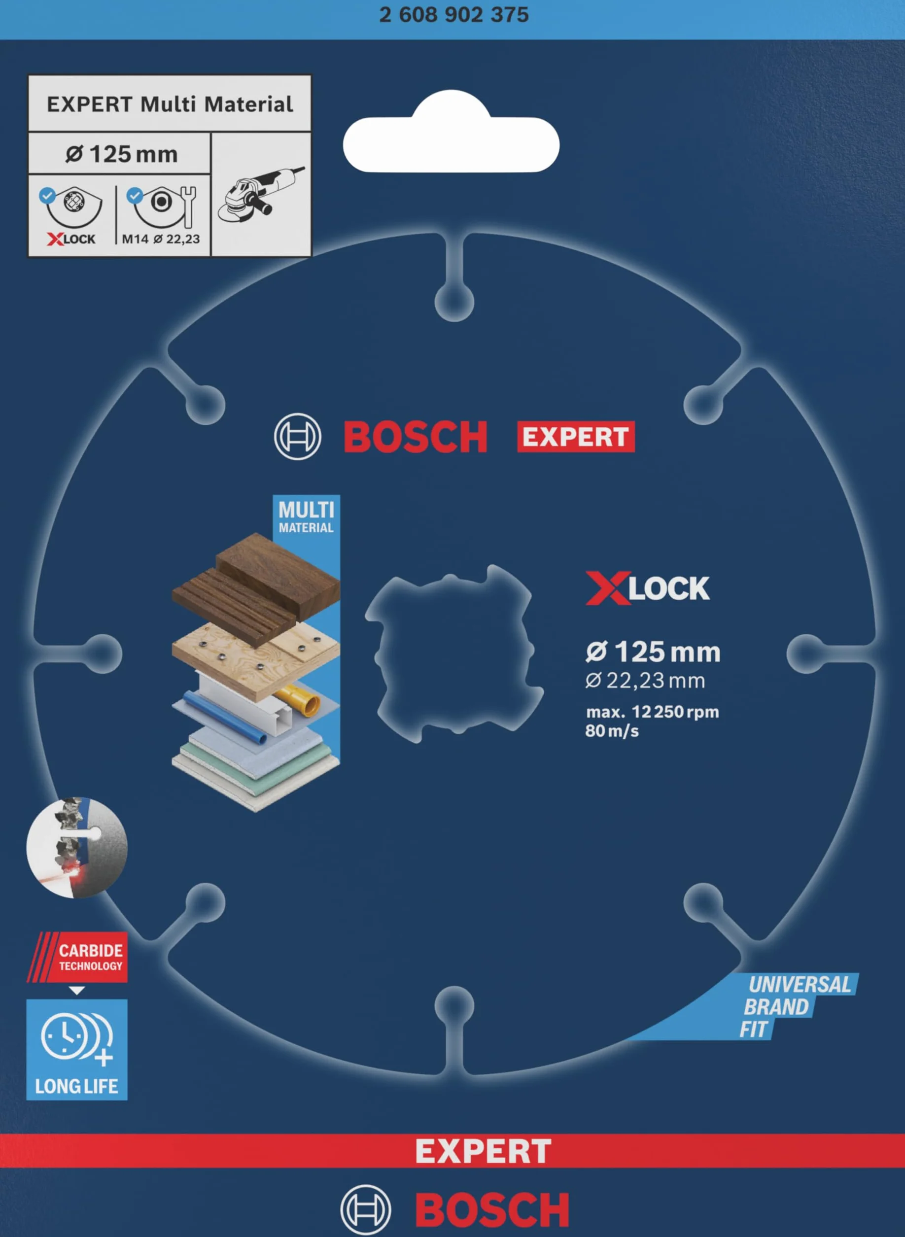 Bosch 1x Disco de corte EXPERT Carbide Multi Wheel, X-Lock (para Madera dura, Madera con clavos, Ø 125 mm, Professional Accesorios Amoladora pequeña)