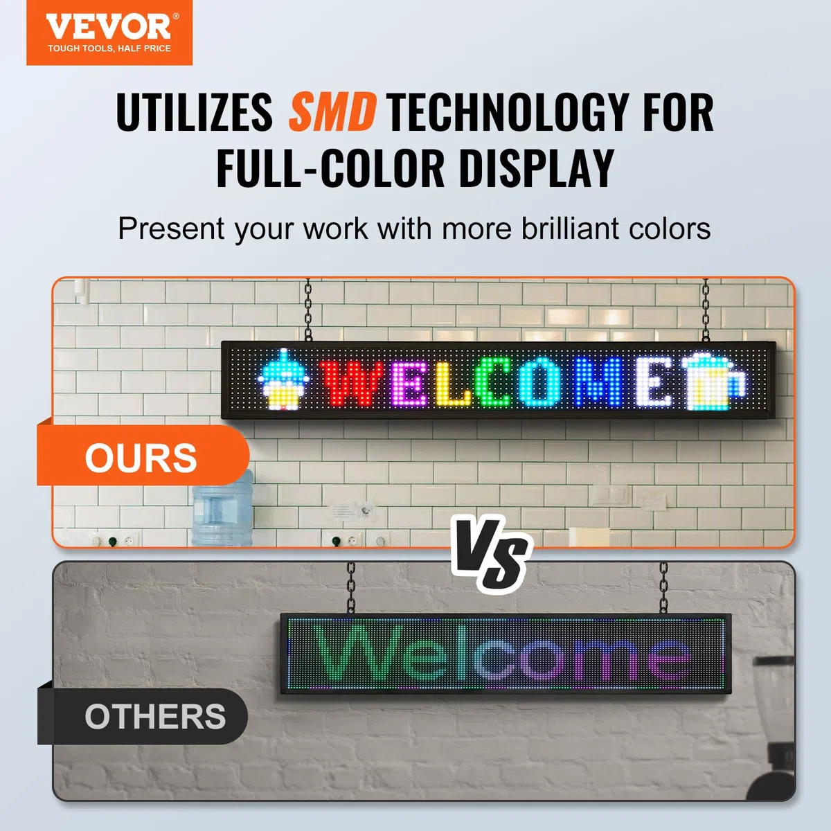 VEVOR Señal Luminosa LED Programable, Panel de Visualización Desplazable a Todo Color P10, Panel Publicitario de Texto Personalizado, Control WiFi USB, para Tienda, Bar, Publicidad, 131x19 cm