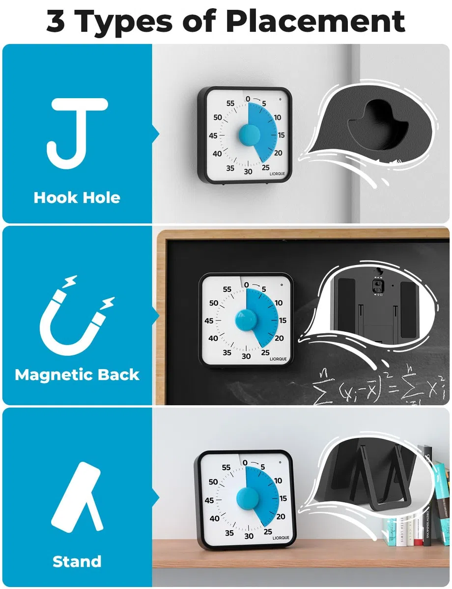 LIORQUE Temporizador Visual Grande de 19x19cm, Temporizador Niños con Respaldo Magnético, 3 Niveles de Volumen y Alarma luz y por Vibración, para Aulas, Oficinas, Reuniones (Azul Oscuro)