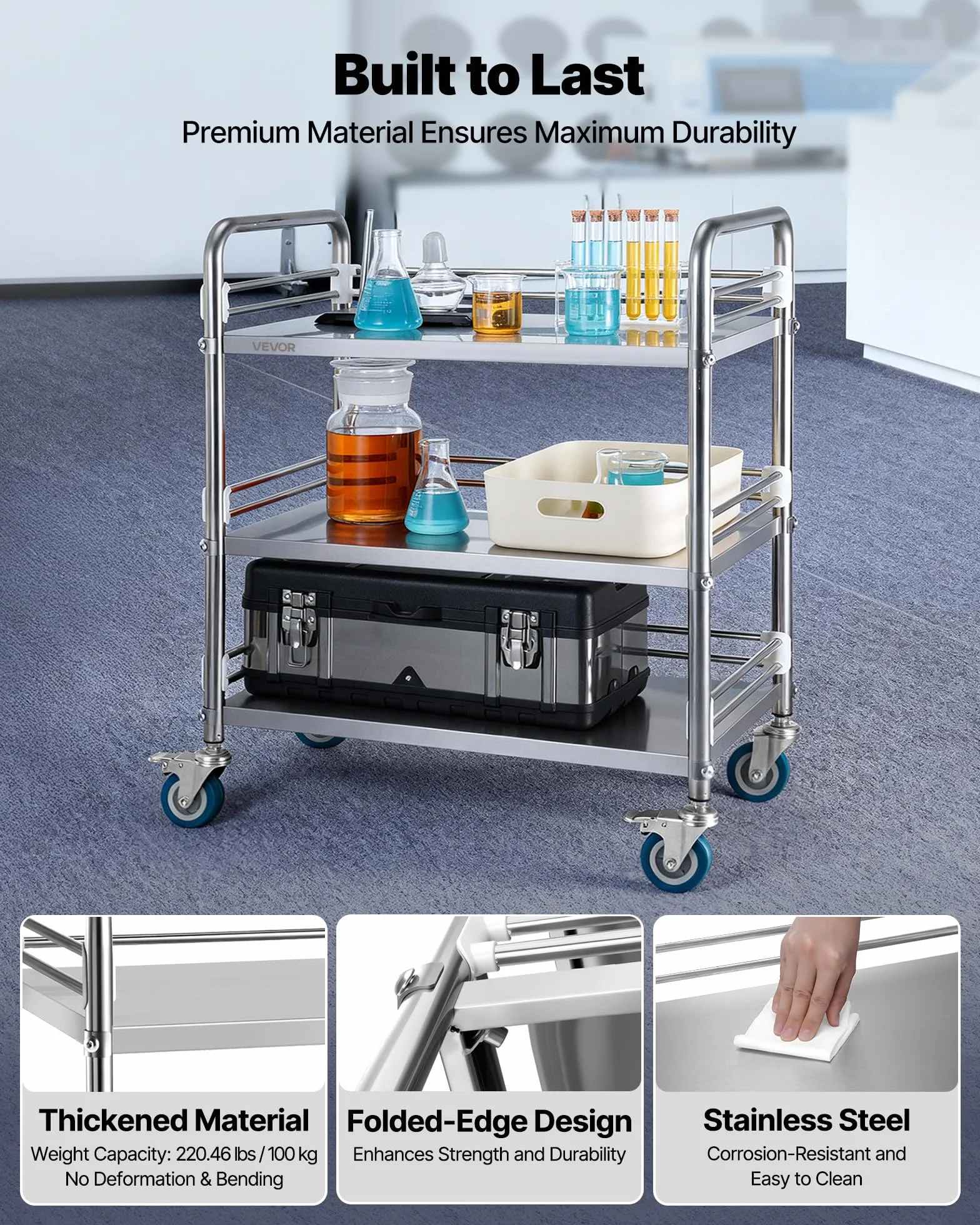 VEVOR Carro de Laboratorio de Acero Inoxidable 3 Niveles con Ruedas Bloqueables, Bandeja de Almacenamiento Móvil Resistente para Hospitales, Restaurantes, Cocinas, Salones, 615 x 410 x 870 mm