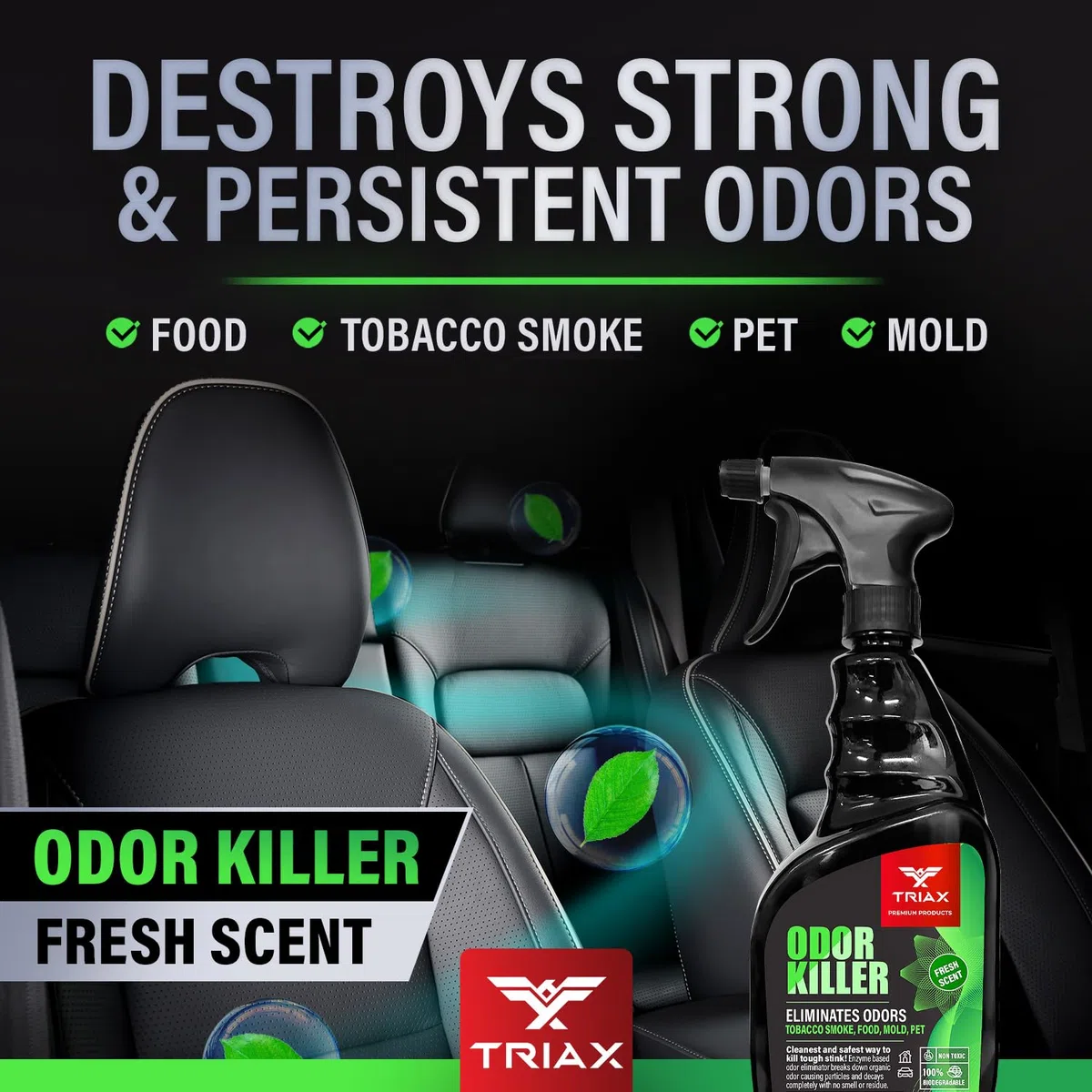 TRIAX Eliminador de olores avanzado, a base de enzimas, aroma fresco, no tóxico y 100% biodegradable, uso multisuperficie para alfombras, telas, superficies duras y más