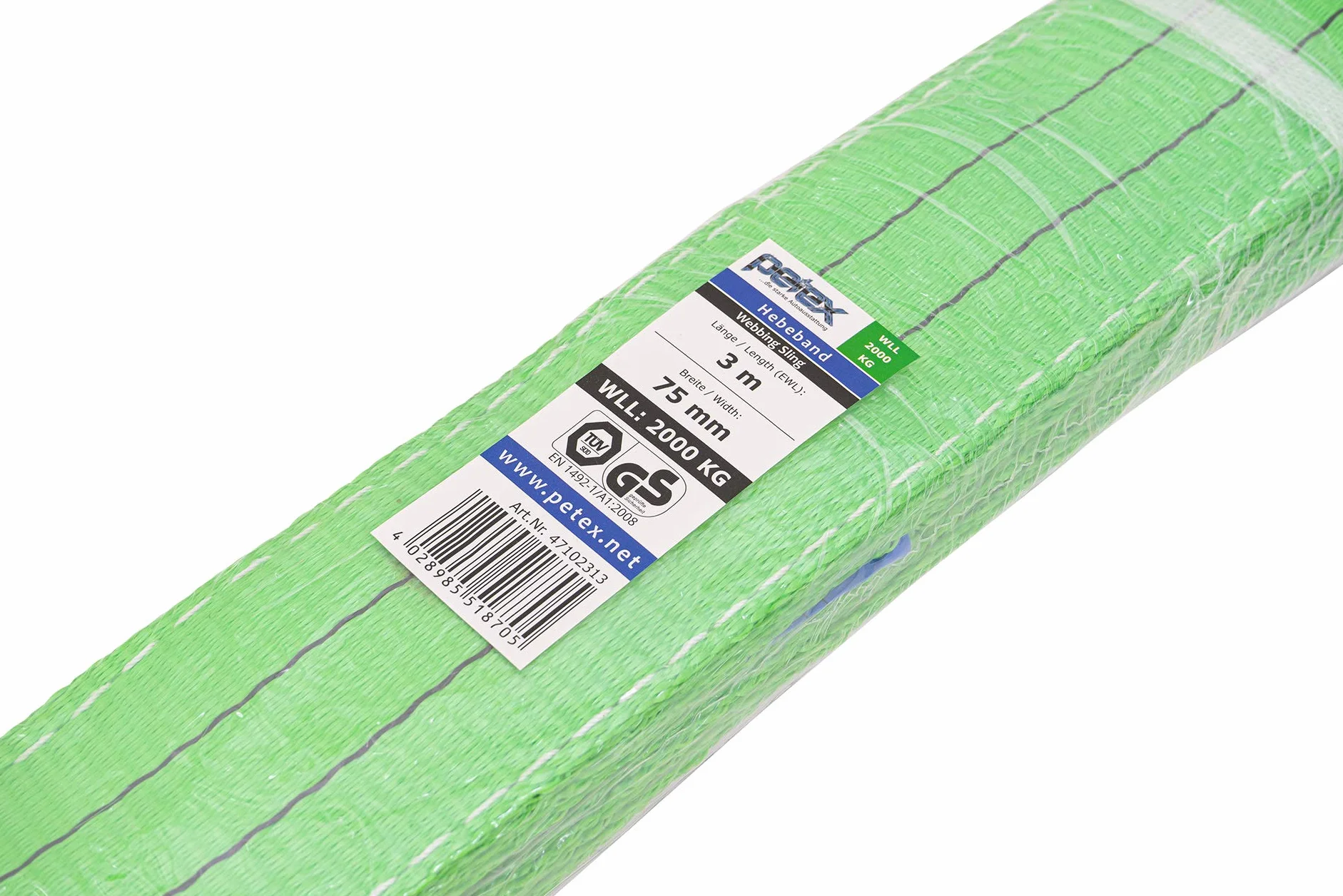 PETEX 47102313 WLL - Cinta de elevación (2000 kg, longitud 3 m, ancho 75 mm), color verde