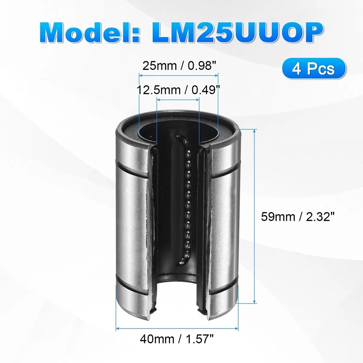 PATIKIL Rodamientos Lineales Abiertos LM25UUOP ID 25mm OD 40mm Longitud 59mm 4Pcs Casquillos Movimiento Lineal Con Sellos Goma Ambos Lados Para Máquinas CNC