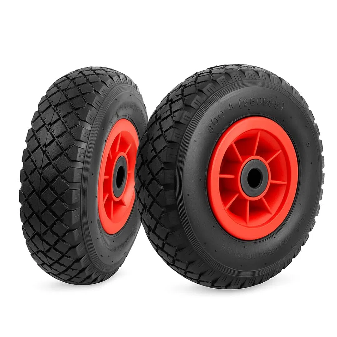 Ruedas Carretilla Inflables 3.00-4 (260x85 mm) - para Carretilla, Carro, Carretón. Rueda Completa: Neumático + Cámara de Aire con Válvula Acodada + Llanta de PVC Roja con Rodamientos de Rodillos.