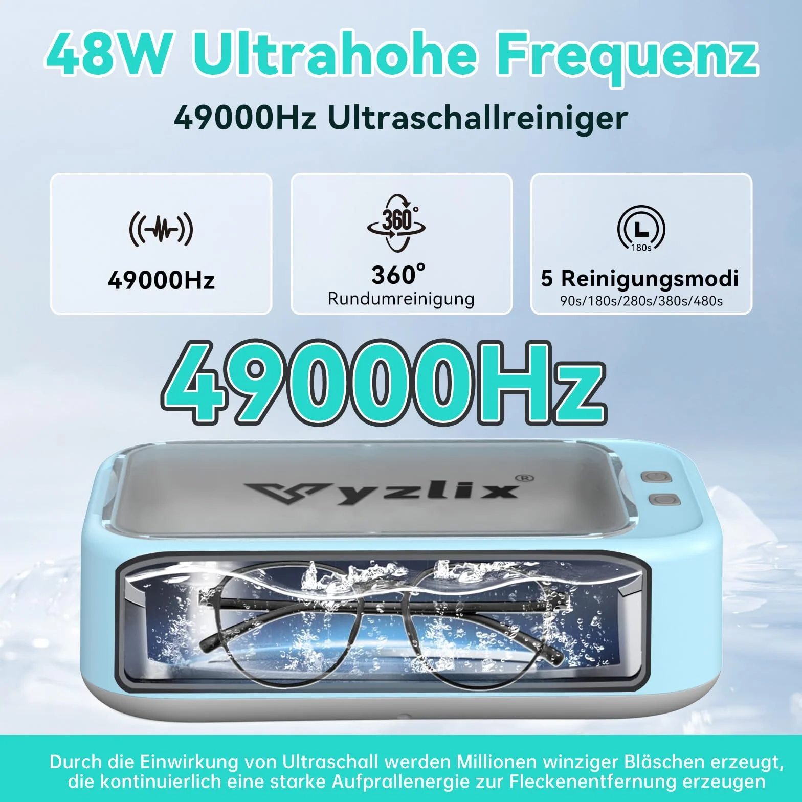 Limpiador Ultrasonidos, 640ml Ultrasonidos Limpieza con 5 modos, 40W Limpiador Ultrasónico, 49000 HZ Ultrasonic Cleaner para Joyas, Gafas, Relojes, Dentaduras, con Pinzas y Paño de Limpieza（azul）
