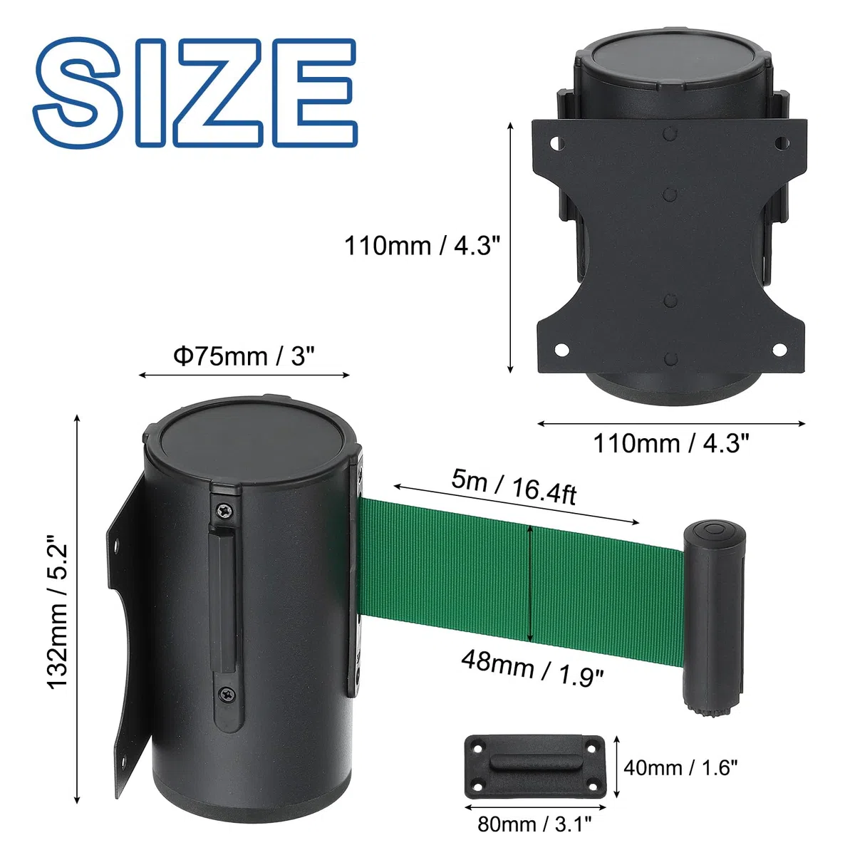 QUARKZMAN Soporte Pared Fijo Barrera Retráctil Cinturón 16.4 Pies Cinturones Retráctiles Para Control Multitudes Tiendas venta por menor Estadios Cinturón Verde Con Caja Negra ABS