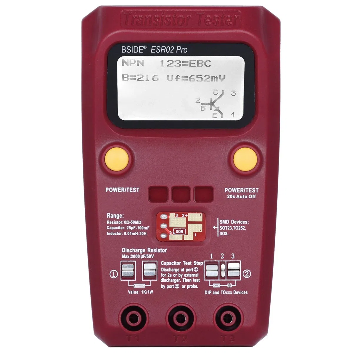 BSIDE ESR02 PRO Probador de Transistores SMD Componentes Comprobador Mega328 NPN/PNP Diodo Resistor Inductor Capacitancia ESR Meter con pinzas