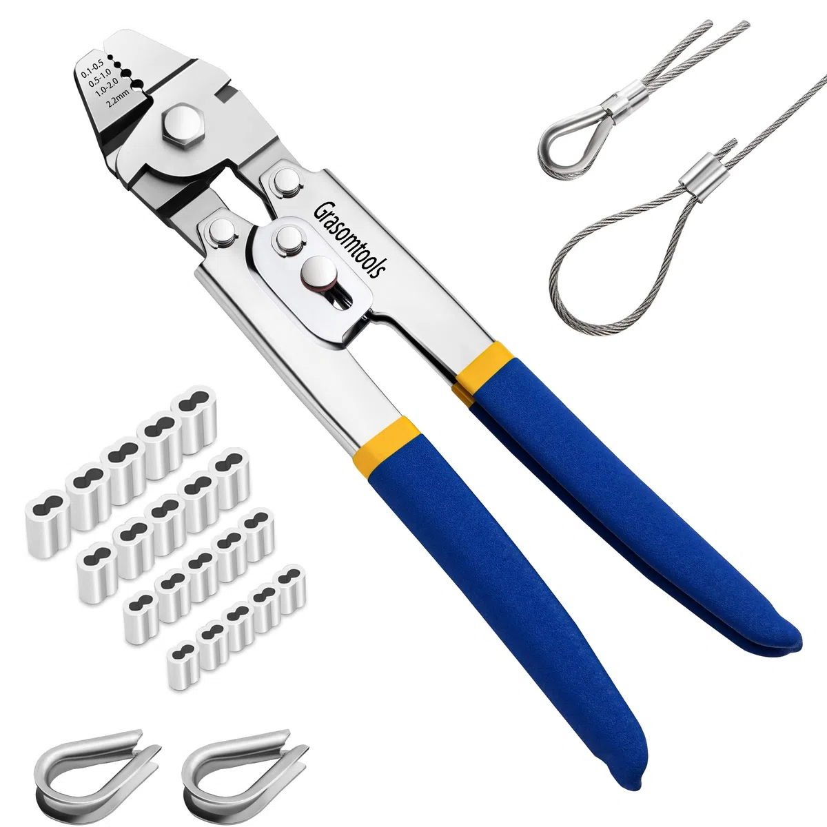 Herramienta de prensado de cable de acero, prensas de hasta 2,2 mm con 160pcs 4sizes aluminio doble barril ferula prensado lazo manga y 15pcs dedal de acero inoxidable