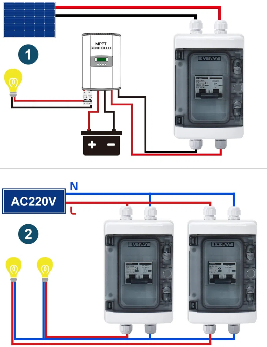 DIHOOL Disyuntor DC 12V interruptor de aislamiento controlador de fusión del sistema solar fotovoltaico DC-100A 2 polos (DC12V-DC400V o AC110-400V), con carcasa impermeable IP65