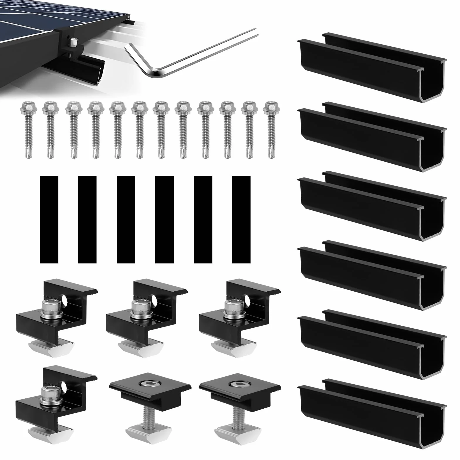 Soporte para módulo solar para 2 módulos, rieles de perfil de aluminio de 12 cm + abrazadera ajustable para módulos de 30-35 mm de grosor, kit de montaje de panel solar para techo plano de chapa
