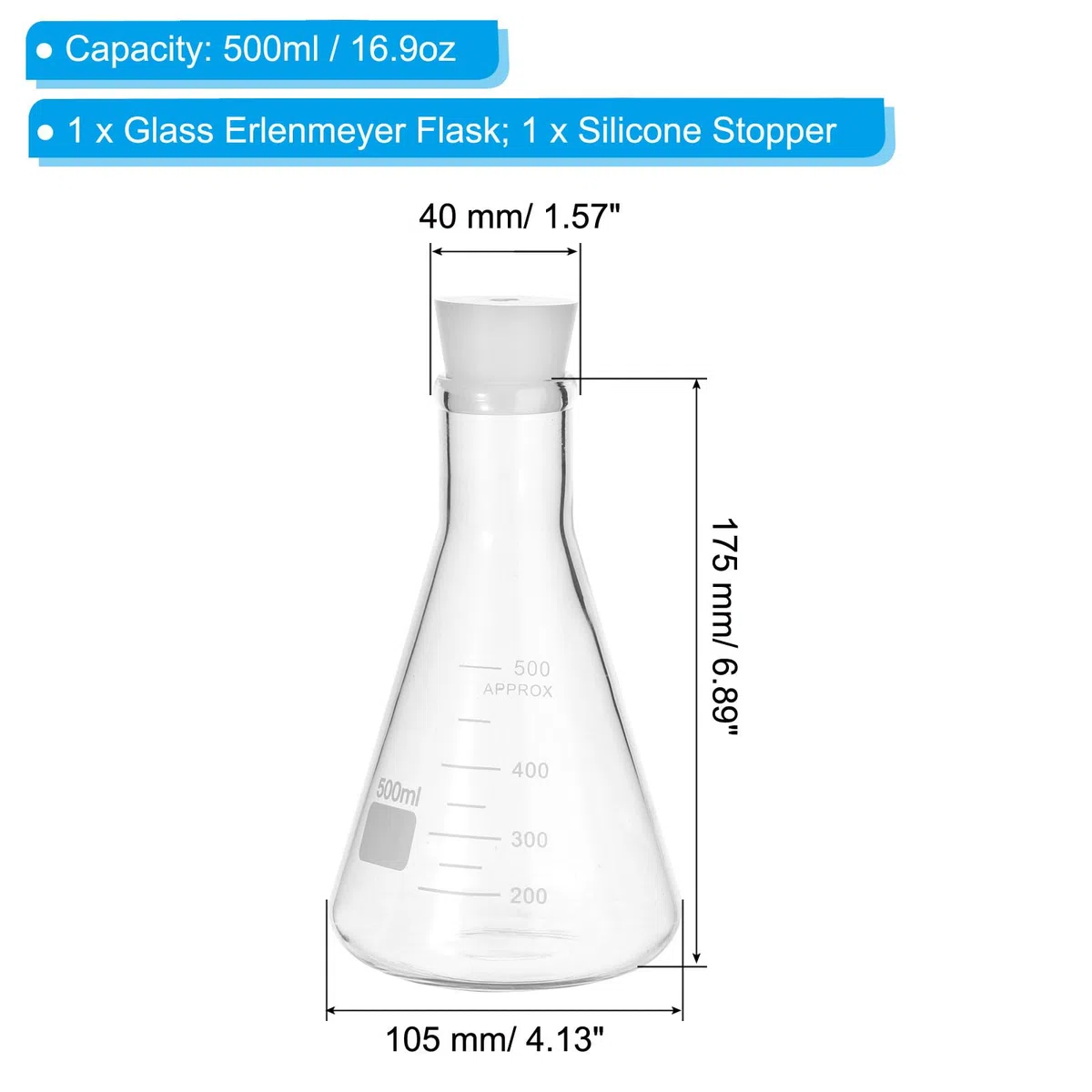 PATIKIL Matraz Erlenmeyer, 500ml 16.9oz Boca Estrecha Matraces Graduados Con Tapón De Silicona Matraces De Vidrio Borosilicato Con Graduación Impresa Para Experimentos Química Ciencia