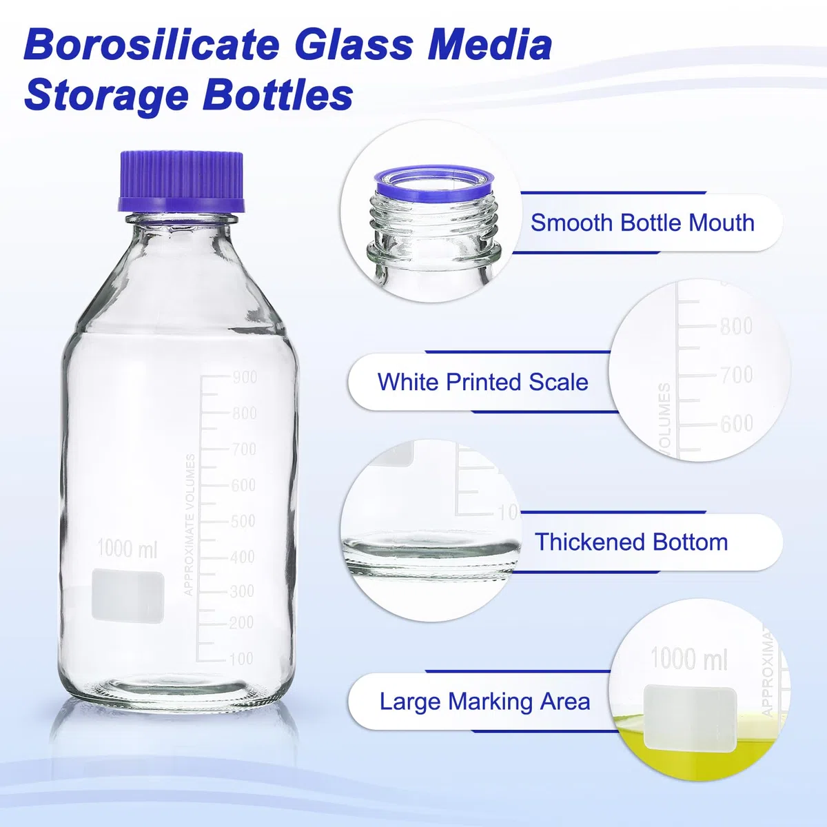 PATIKIL 4 Paquete Medios Almacenamiento Botellas, 1000ml Borosilicato Vidrio Redondas Graduada Botella con GL45 Azul Tornillo Tapa para Laboratorio Agua Reactivo Líquido, Claro