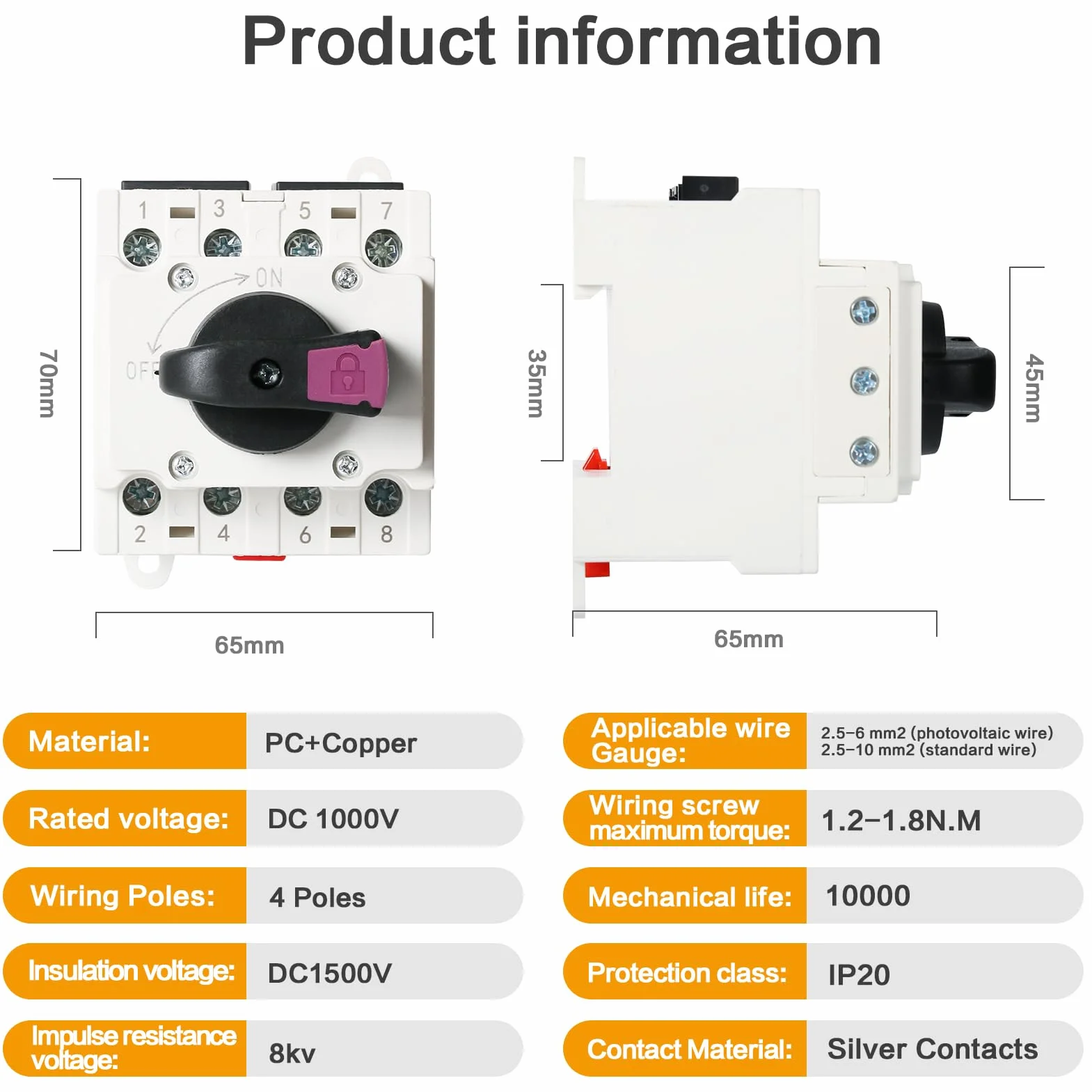Jadeshay Interruptor de Aislamiento Solar, 32A 1000V DC Protección Fotovoltaica Montaje en Carril DIN para Sistemas Solares
