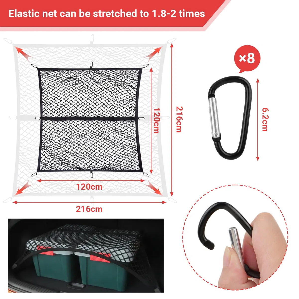 Red para maletero de 1,2 x 1,2 m, extensible hasta 2,1 m x 2,1 m, red de alta elasticidad para maletero, red de seguridad de carga con 8 mosquetones de acero para la mayoría de los coches