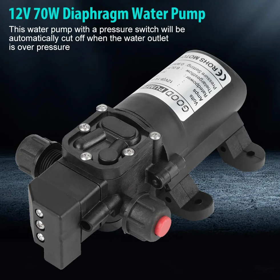 Bomba de Agua 12v 0.9Mpa 6L, Bomba de Diafragma de Alta Presión Autocebante, DC 12V 70W 4-6L/Min Bombas de presion de agua Alta Presion para Jardín, Caravana, Camping, RV, Botes
