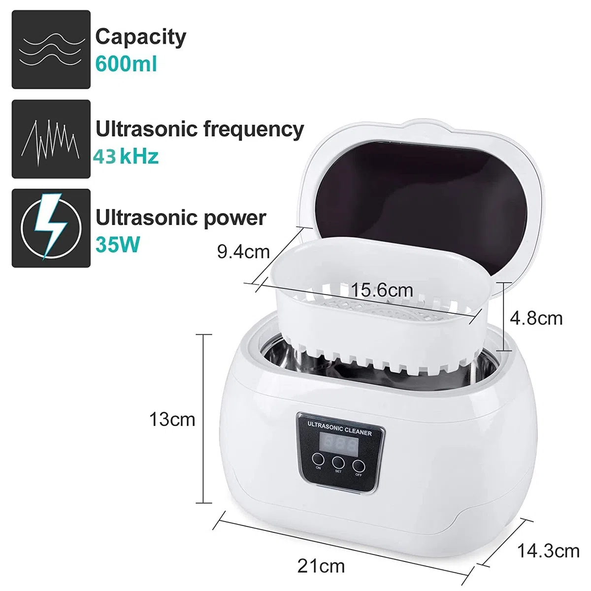 Uten Limpiador Ultrasónico Profesional Acero Inoxidable Baño 600ml 43,000Hz 35W, Con Soporte y Cesta de Limpieza, Adecuado Para Joyas, Gafas, Dentaduras y Maquinilla de Afeitar