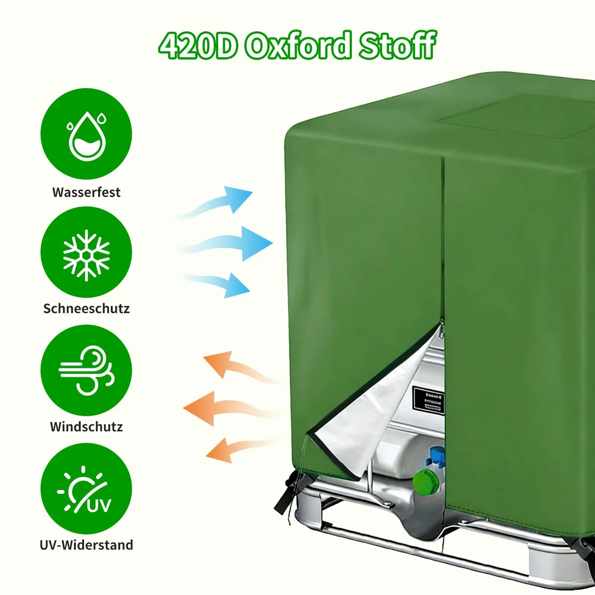 IBC - Cubierta para depósito IBC de 1000 L, cubierta 420D para depósito de agua, resistente al viento, resistente a los rayos UV, para depósito de agua, depósito de agua de lluvia (120 x 100 x 116 cm