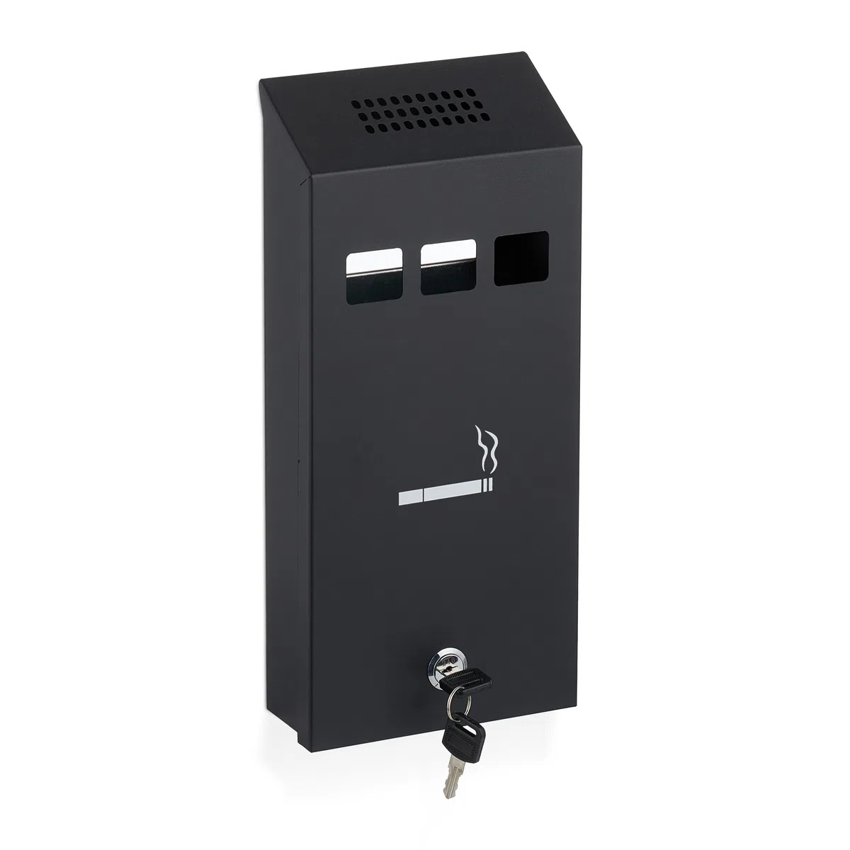 Relaxdays Cenicero de Pared para Exterior, con Cerradura, de Metal, Montaje Mural, Medidas: 32,5 x 15 x 6 cm, Negro