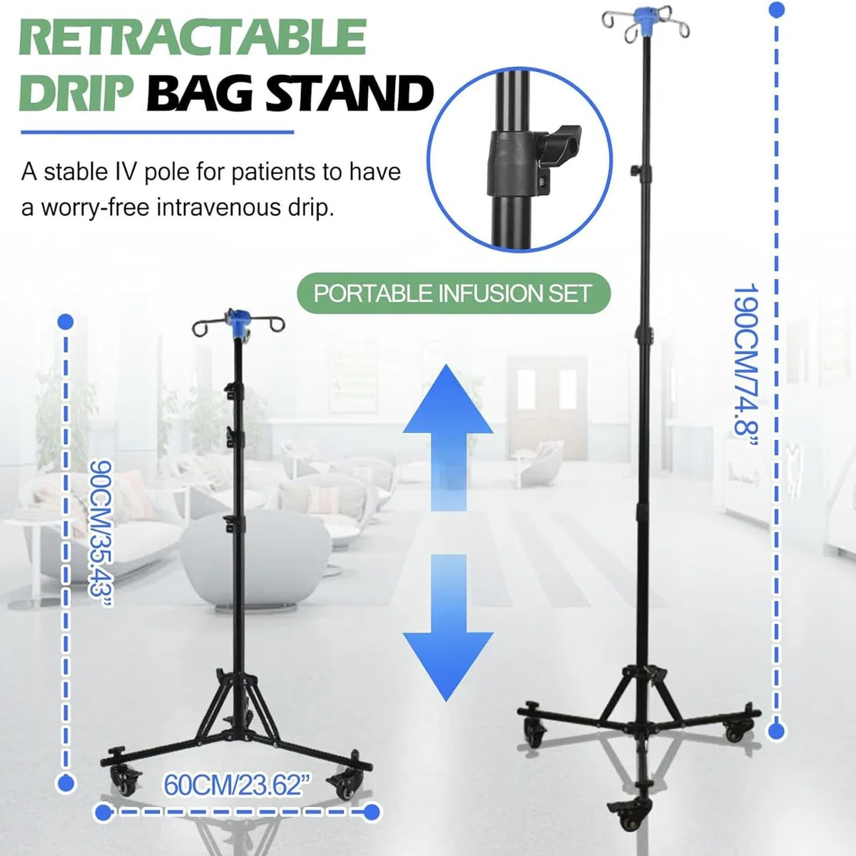 Soporte para Suero,Soporte Intravenoso para Hospital con Gancho para Botella - Equipo Plegable con Ruedas para Clínicas Asistencia Domiciliaria Uso Diario Interior Y Exterior
