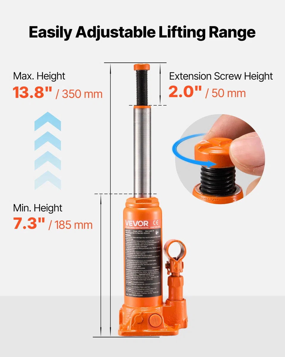 VEVOR Gato Hidráulico de Botella, Capacidad de 4 T, Rango de Elevación de 185-350 mm, para Automóviles, SUV, Camionetas, Talleres Mecánicos, Elevadores de Viviendas y Equipos Agrícolas, Naranja