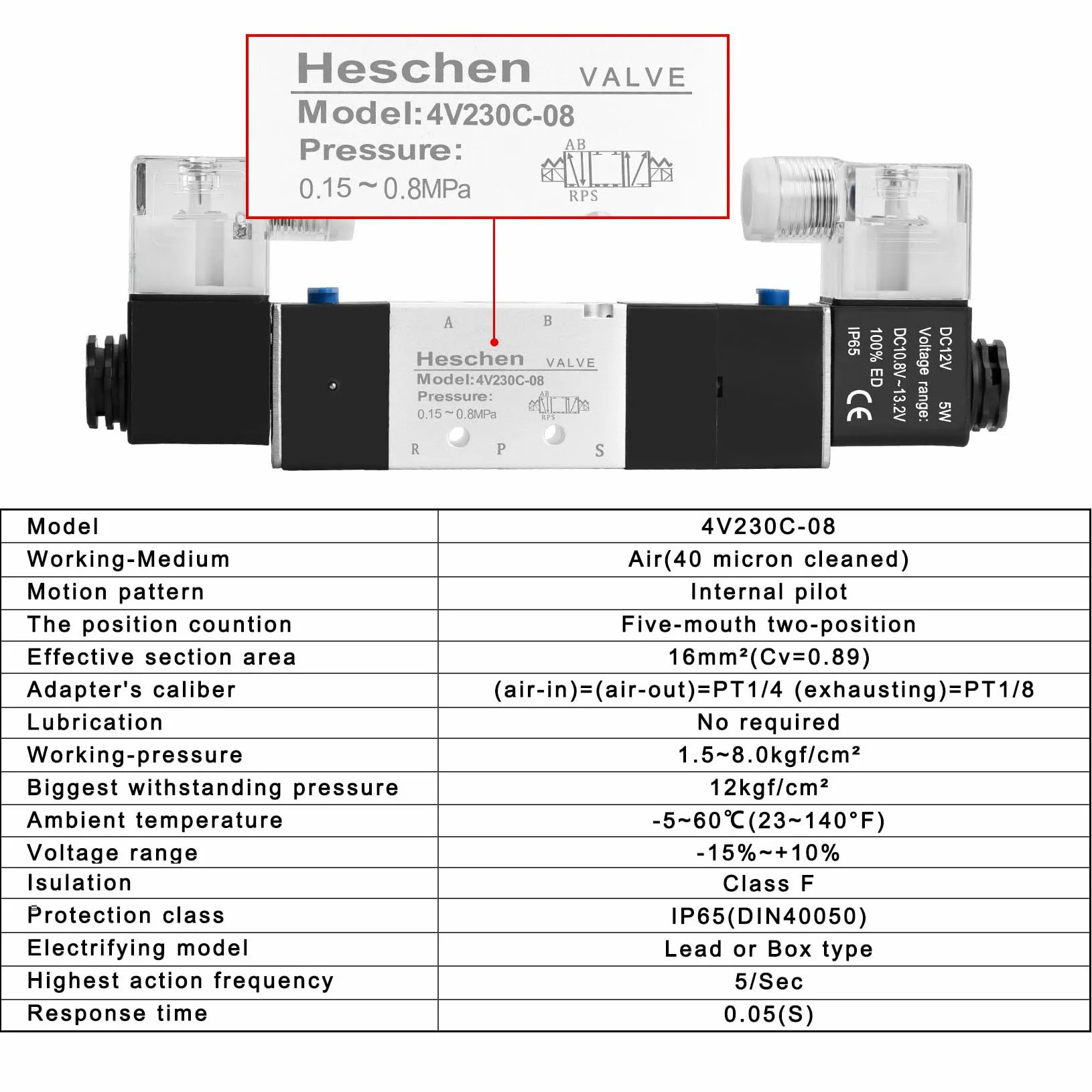 Heschen Válvula solenoide neumática eléctrica, 4V230C-08, 12 V CC, PT1/4 pulgadas, 5 vías, 3 posiciones, CE