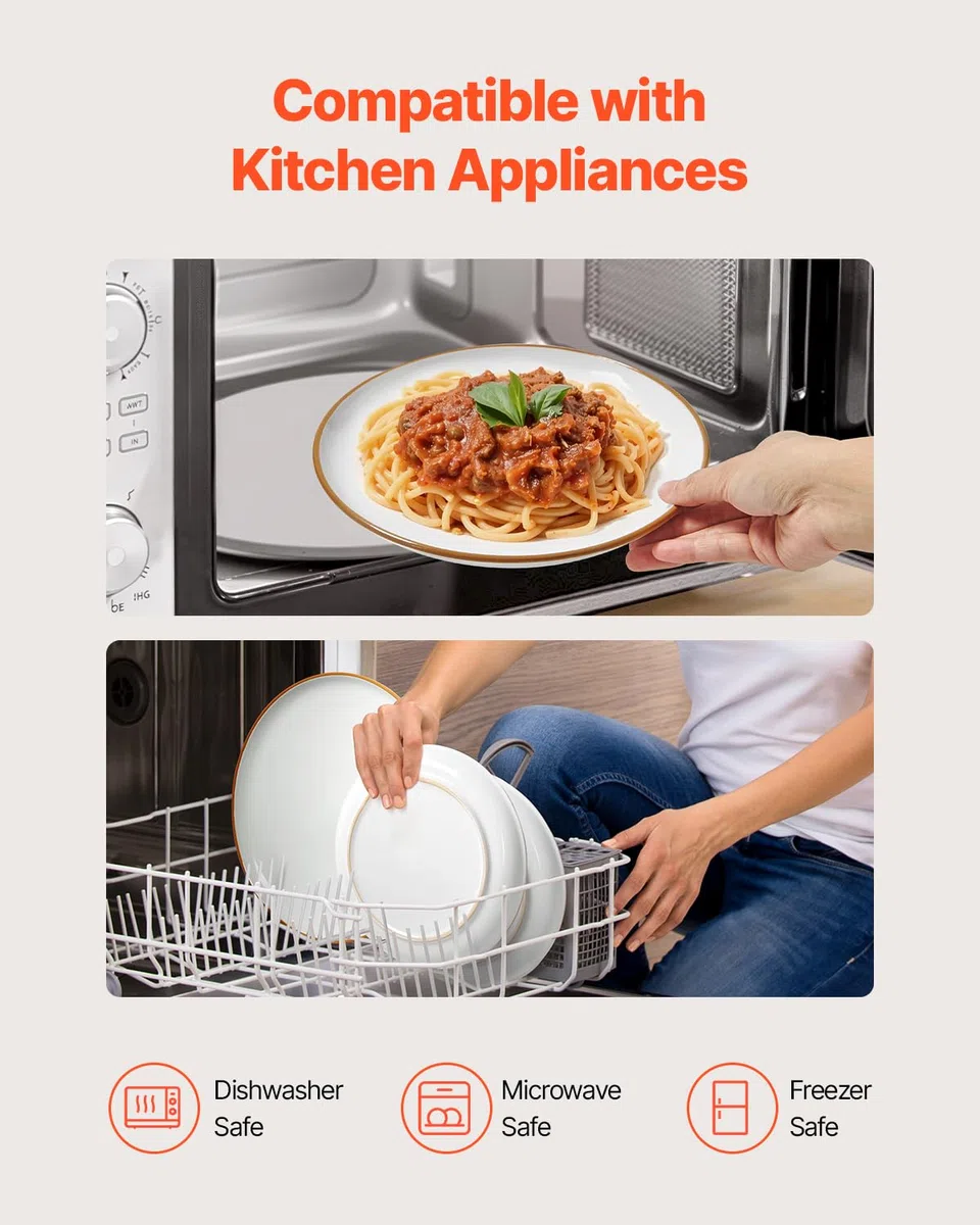 VEVOR Vajilla para 8 Personas, Platos y Cuencos Redondos, Cerámica Resistente a Arañazos, Apta para Lavavajillas y Microondas, Ideal para Postres, Ensaladas, Sopas y Pastas, Color Blanco, 32 uds