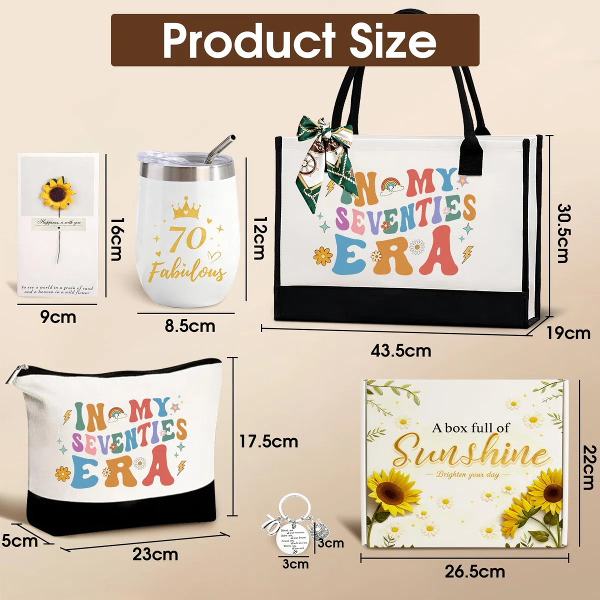 Regalos de Cumpleaños para Mujeres de 70 Años:Bolso de Mano/Tote Neceser Vaso Térmico Llavero Pañuelo de Seda y Tarjeta de Felicitación,Ideas Originales para Madre Esposa Amiga Hermana e Hija