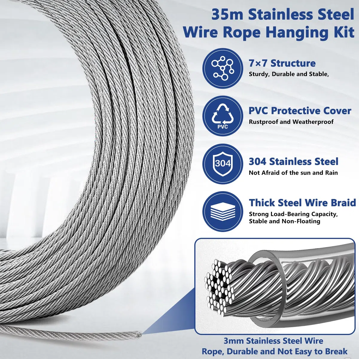 35M/3mm Cable de Acero Inoxidable, Cable Acero 304, Kit de Cables de Acero Inoxidable para Colgar, Cuerdas de Acero, Kit de Cuerda de Acero para Cuerda Tendedero Exterior