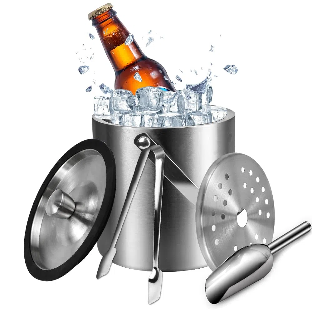 LPAMABA 2L/67OZ Eiskübel, enfriador de vino, enfriador latas con Asa y tapa, cubiteras para hielo grande de Acero Inoxidable, enfriador de botellas para Cerveza, Bebidas y Vino