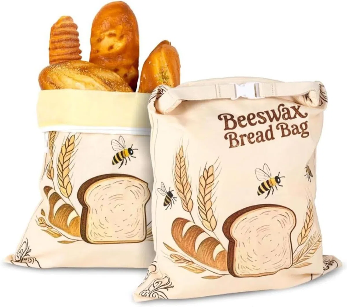 2 bolsas de pan de cera de abeja para pan casero, bolsas reutilizables de cera de abeja para masa madre, bolsa de algodón encerado con cremallera sellada, mantiene fresca durante más tiempo, bolsa de
