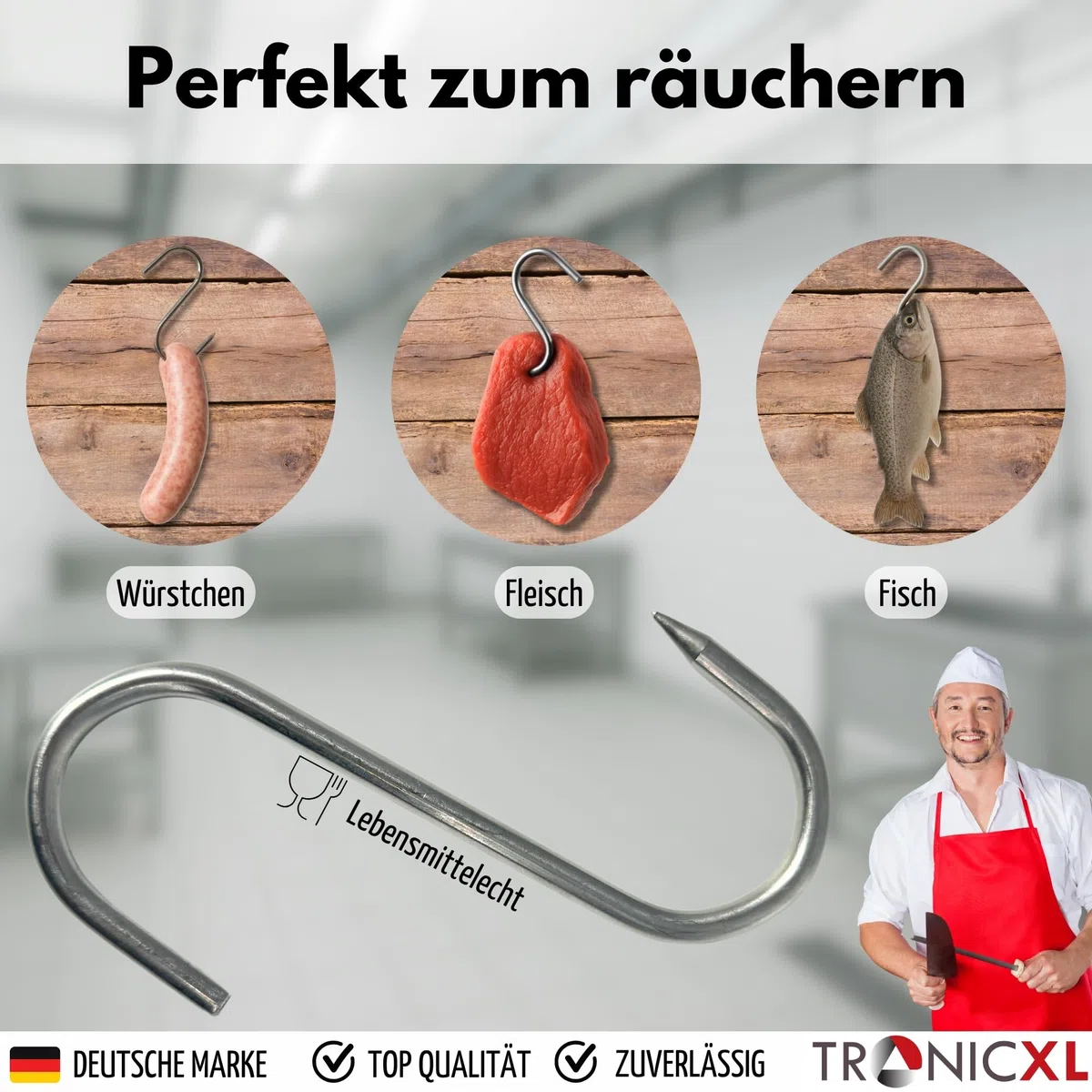 TronicXL Premium - Gancho en S de acero inoxidable, 200 mm x 10 mm, para carne, carnicero, ahumado, acero inoxidable, carnicero, carnicería, metal