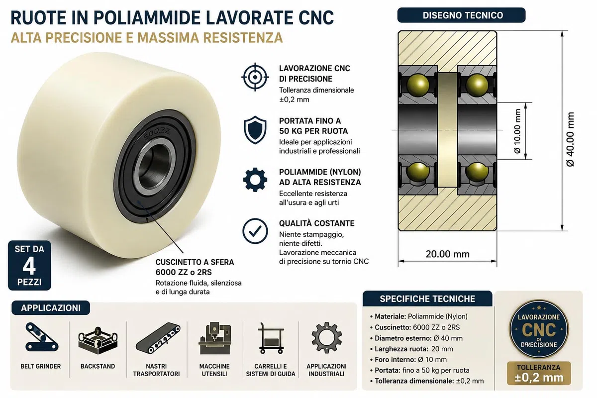 4 ruedas de poliamida de nailon de 40 mm de diámetro y 20 mm de ancho con rodamientos de 10 mm de precisión fabricados en la UE.