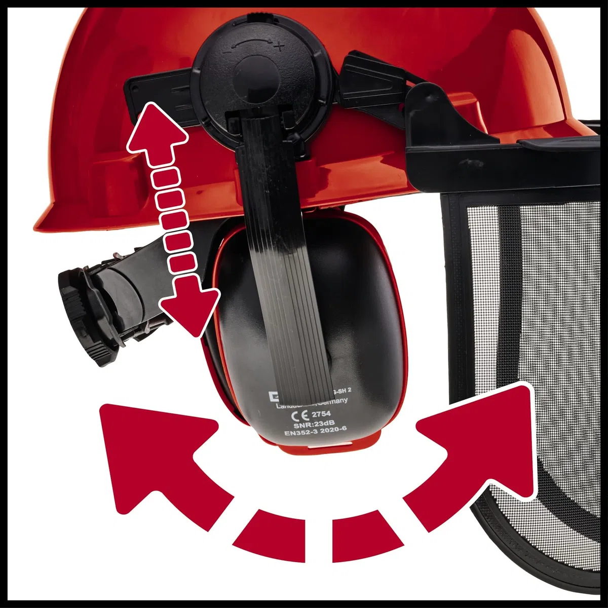 Einhell Casco de seguridad forestal, protección auditiva ajustable, Casco de seguridad forestal, protección auditiva ajustable, Color Rojo, 52 a 66 cm