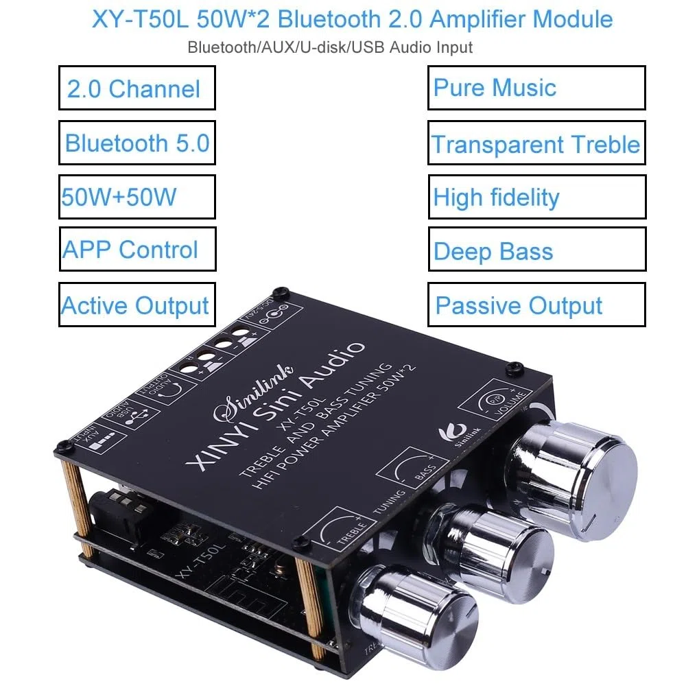 Tablero amplificador Bluetooth, DC 5V-26V amplificador de audio módulo 2.0 canal 50W* 2 BLE5.0 agudos graves AUX/U-disco de audio APP controlador