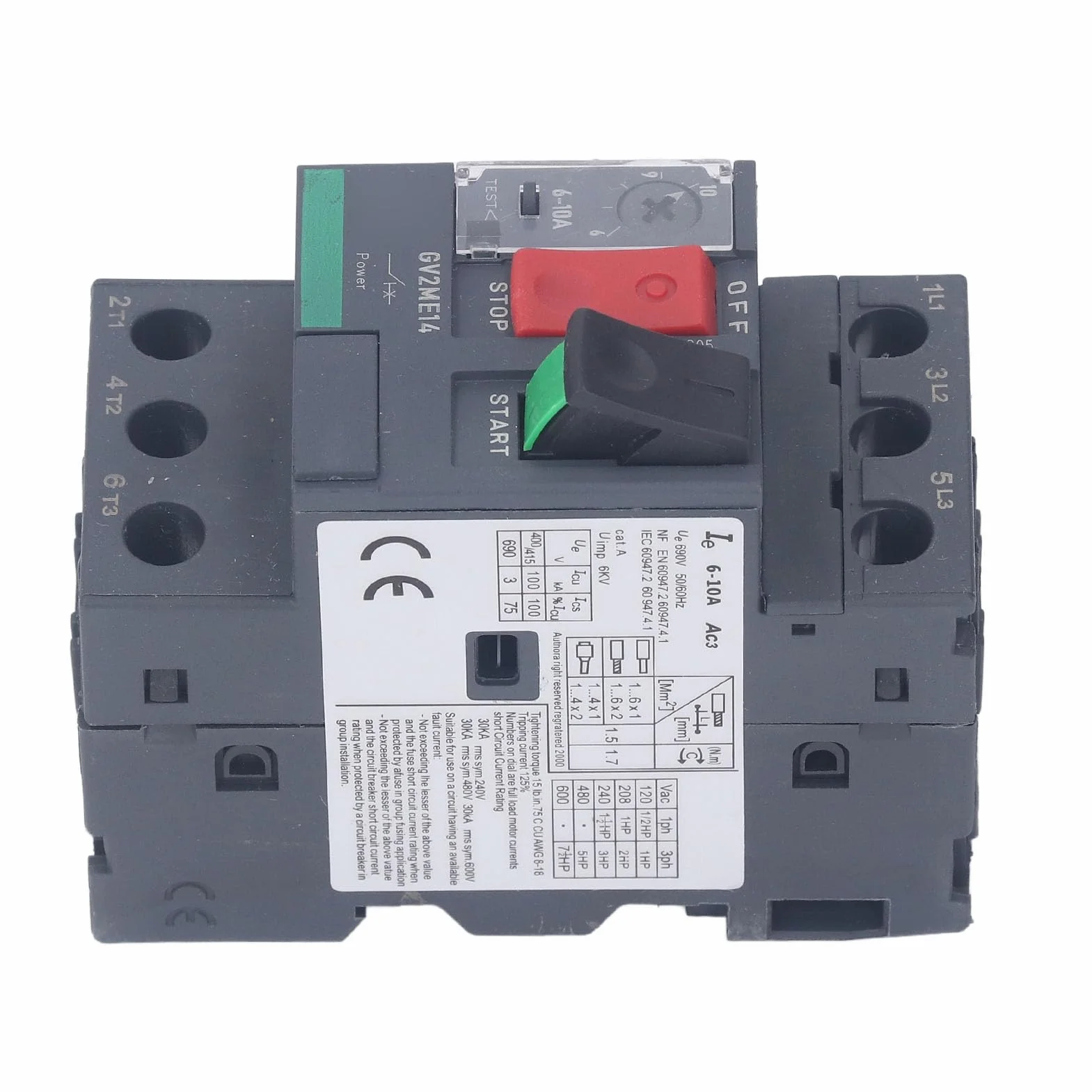 Disyuntor de Motor AC690V con Protección contra Sobrecarga Magnética Térmica Botón de Arranque de Motor Manual para Protección de Arranque del Motor (GV2-ME14 6-10A)