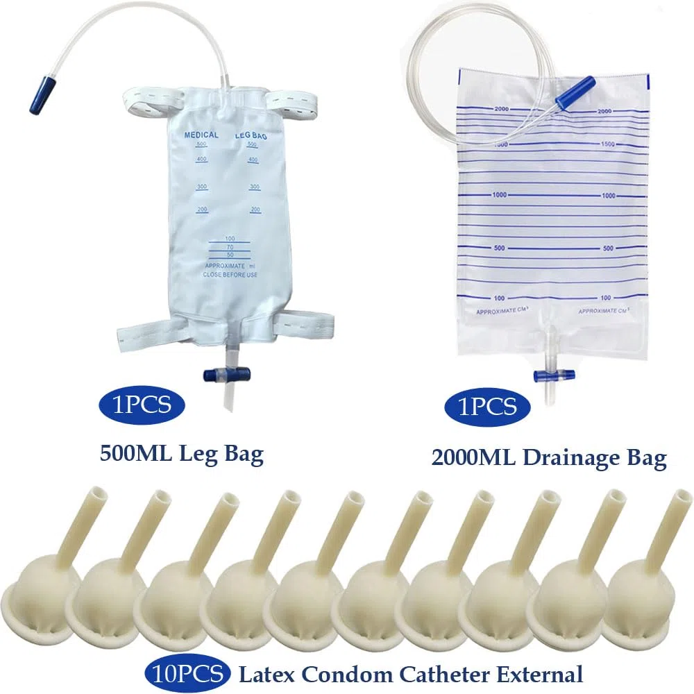 Kit de 10 catéter de preservativo externo para hombre + bolsa para orina de 2000 ml + bolsa para piernas de 500 ml (35 mm/0,98 pulgadas)