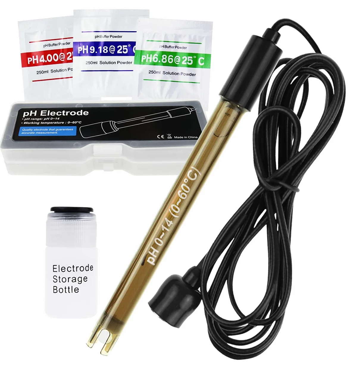 GAIN EXPRESS Electrodo de pH Combinado de Alta precisión para monitoreo Continuo del pH, sonda de pH 0-14 con Cable de Conector BNC de 200 cm de Largo y Kit de reemplazo de Polvo de calibración