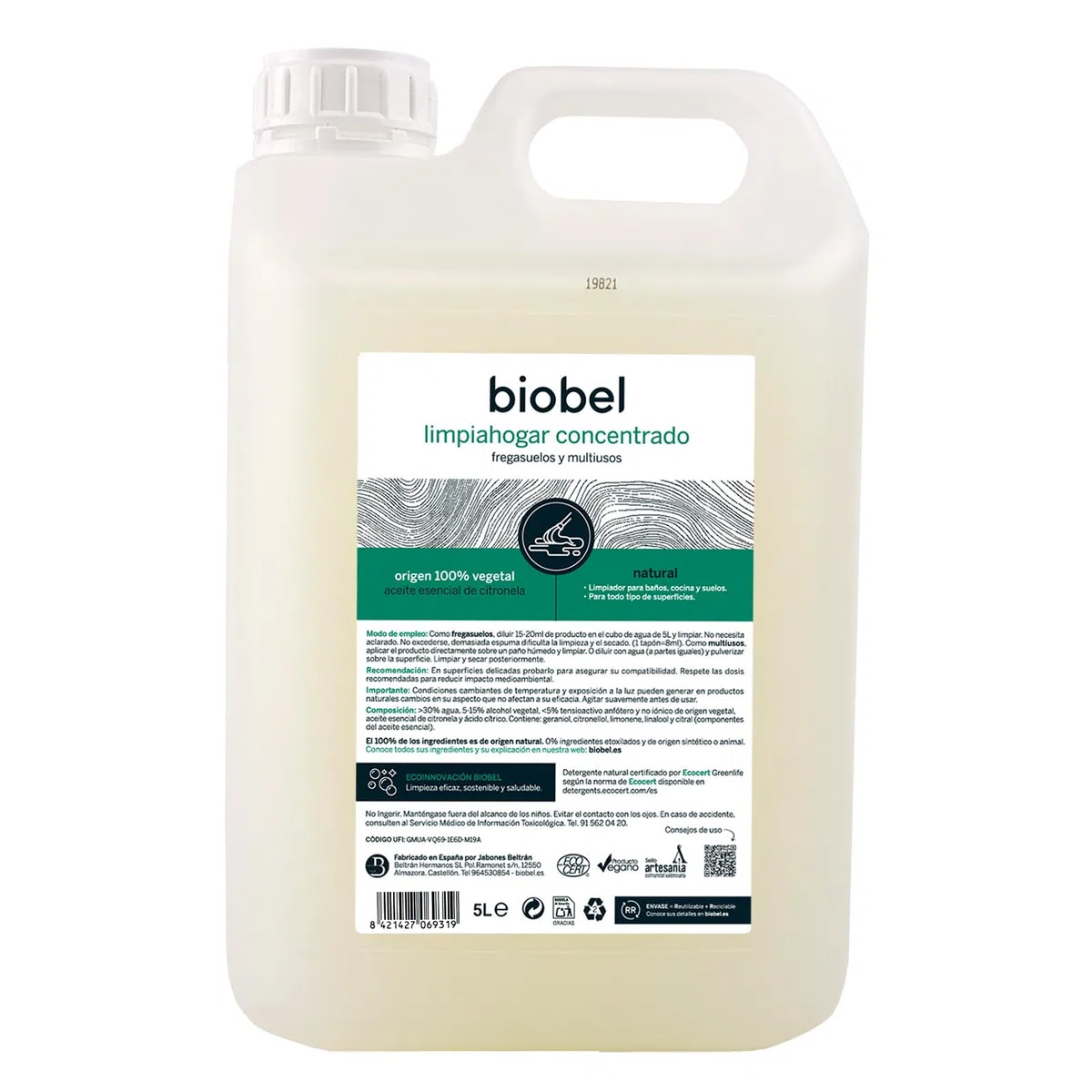 Biobel - Limpiahogar Concentrado - 100% Natural - Friegasuelos y Multiusos Desengrasante - Elaborado con Aceite Esencial de Citronela - Apto para Todo Tipo de Superficies - 5 L