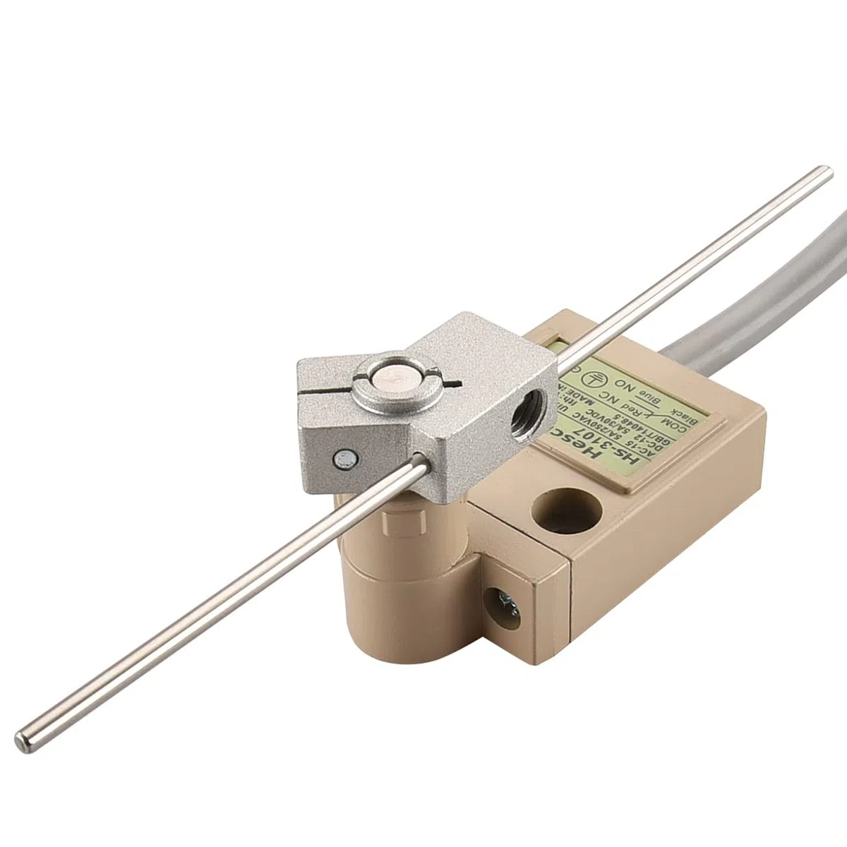 Heschen Interruptor de límite compacto precableado, HS-3107, palanca de varilla ajustable, 1NO 1NC, SPDT, tipo momentáneo, AC250V 5A, IP67 impermeable