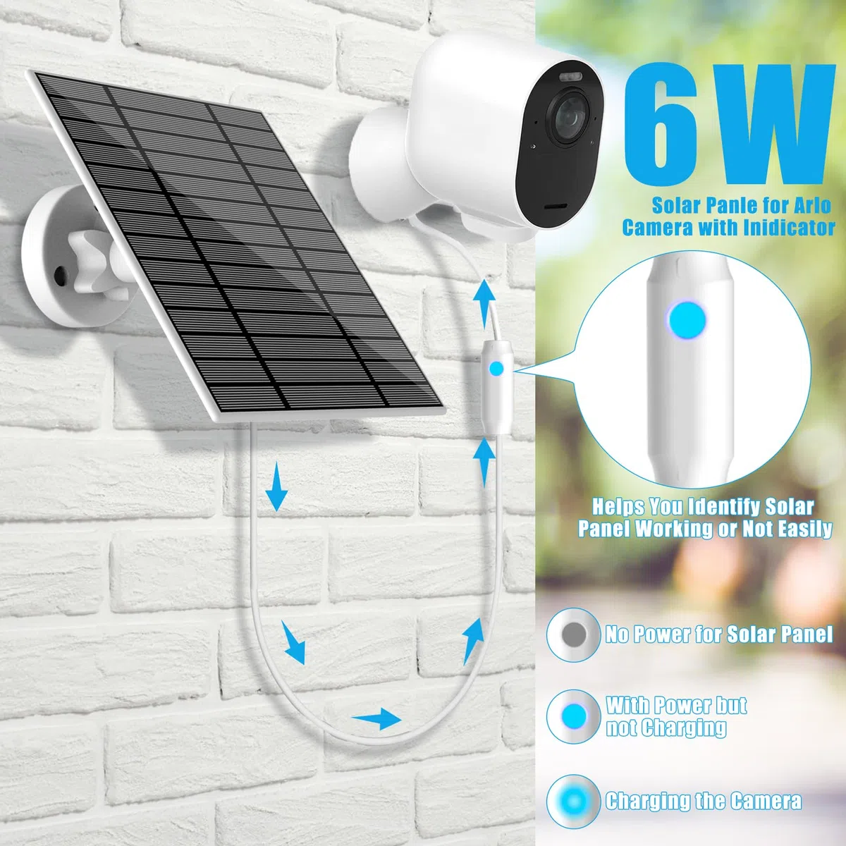 Panel solar de 6 W compatible con Arlo Pro 3/Pro 4/Pro 5S/Ultra/Ultra 2/Go 2, cargador de energía solar para cámara Arlo con luz indicadora, cable de 13 pies IP66