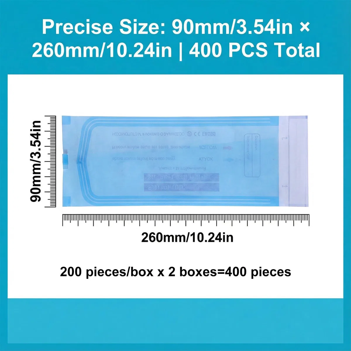 400 bolsas de esterilización, bolsas de esterilización sin pliegues laterales, 90 x 260 mm, bolsas de esterilización autoadhesivas para herramientas de limpieza, bolsas de esterilización para
