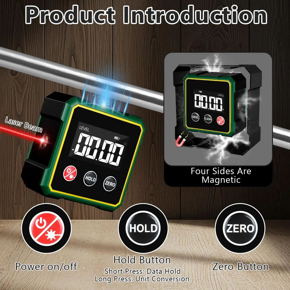 Flintronic Buscador de ángulos Digital, Transportador Digital Magnético de 4 Lados con Láser, Inclinómetro con Pantalla LCD, para Carpintería, Construcción, Maquinaria