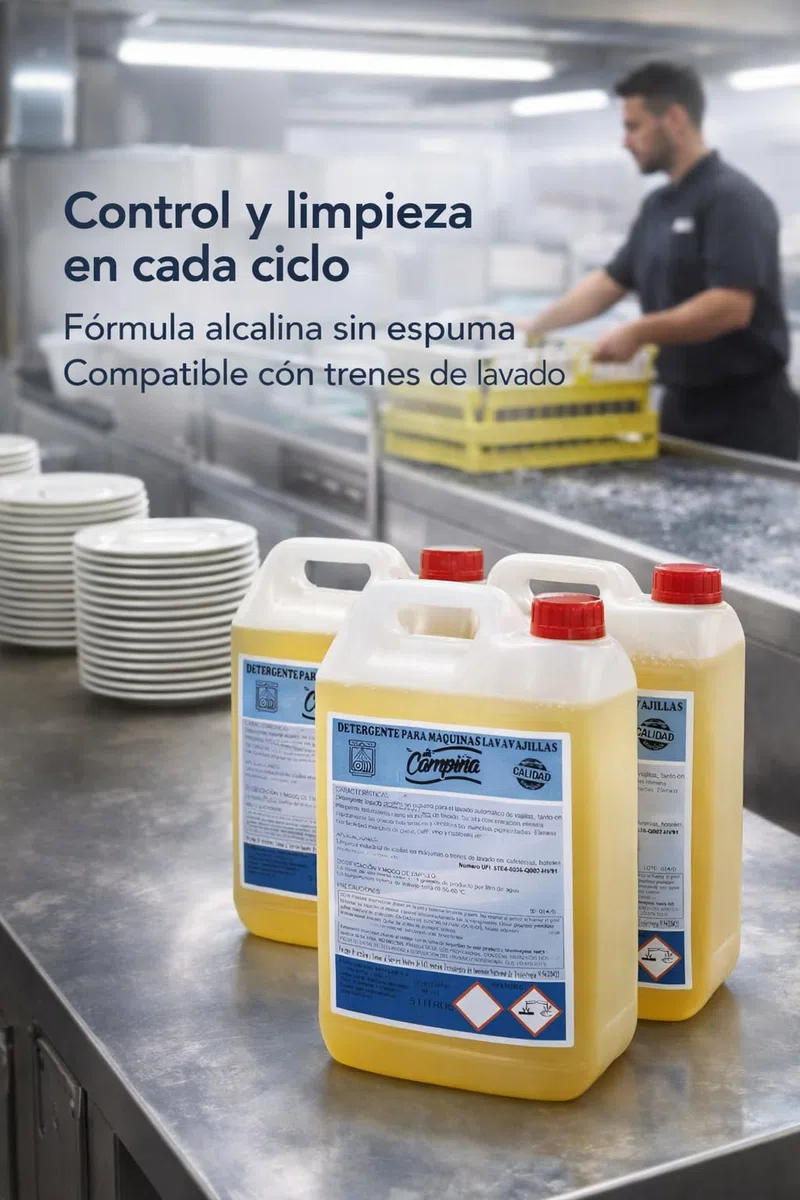 Detergente Lavavajillas Industrial Líquido Pack 3 Garrafas 5L Fórmula Alcalina Sin Espuma Alta Concentración Desengrasante Profesional Para Máquinas Y Trenes De Lavado Hostelería