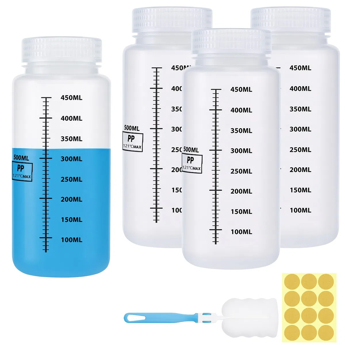 Sheryl&Rain 4 Piezas 500ml Botella de Reactivos de Boca Ancha, Botella Vacía para Químicos, Recipiente de Almacenamiento de Laboratorio Con Tapa para Laboratorio, Escuela, Cocina