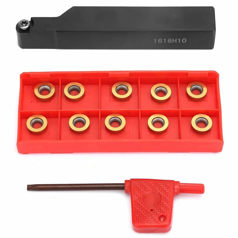10 piezas Herramienta de torneado de torno, RPMT10T3MO inserta cuchillas + SRAPR1616H10 Soporte de herramienta de torneado de torno + llave de 1 pieza