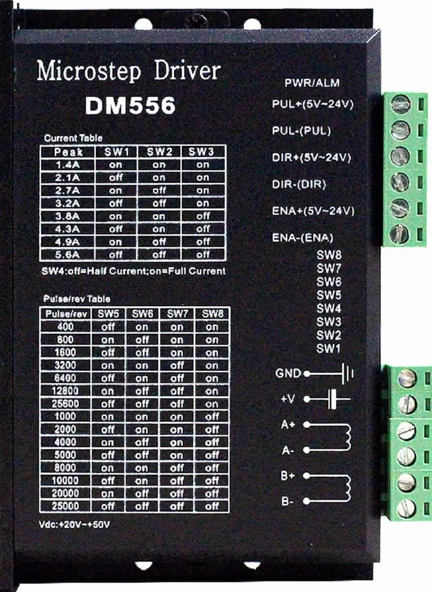 CNC Controlador de motor paso a paso digital DM556 Controlador de motor paso a paso de 2 fases 20-50V DC Max 5.6A 128 División para motor paso a paso Nema 23, 24 y Nema 34