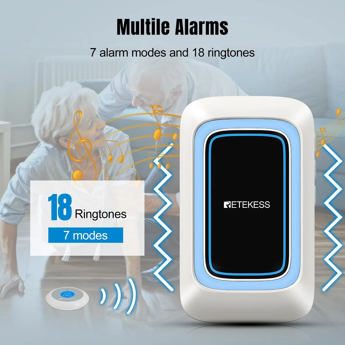 Retekess TH109 Botón Llamada Emergencia, Botón de Llamada Inalámbrico para Ancianos, Sistema de Alerta de Emergencia, 850 pies de Distancia de Comunicación, Alarma Multimodo, Cuidado en el Hogar