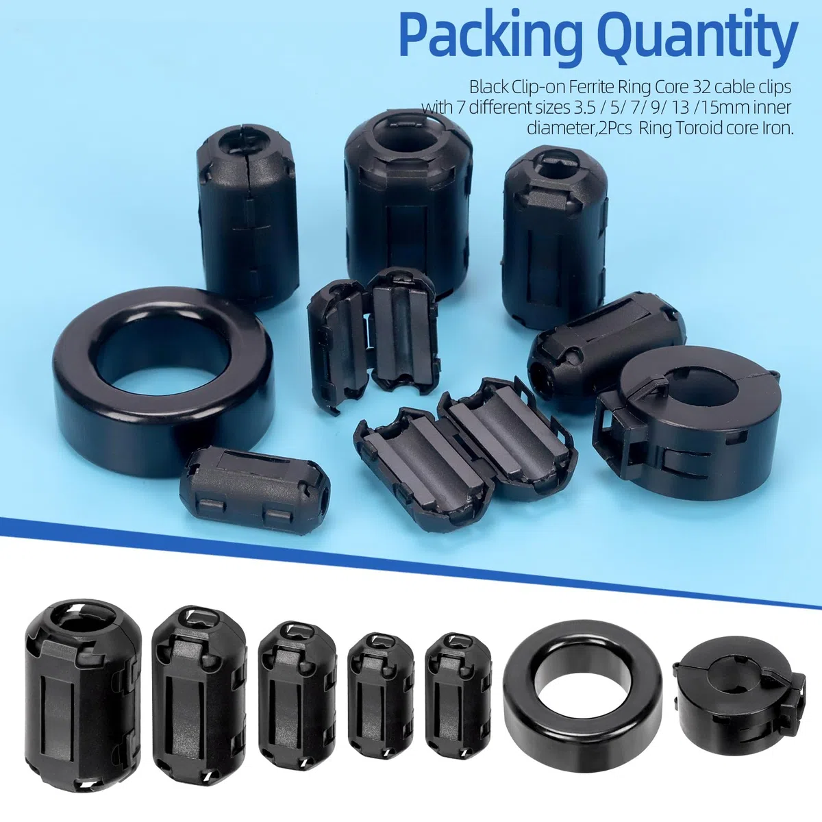 Glarks 32pcs Black Clip-on Ferrite Ring Core Set Incluye 28pcs 3.5/5/7/9/13MM Clips de cable de diámetro interno Clips de cable de supresor de ruido RFI EMI 2pcs Toroid Cores 2pcs Ferrite Cores