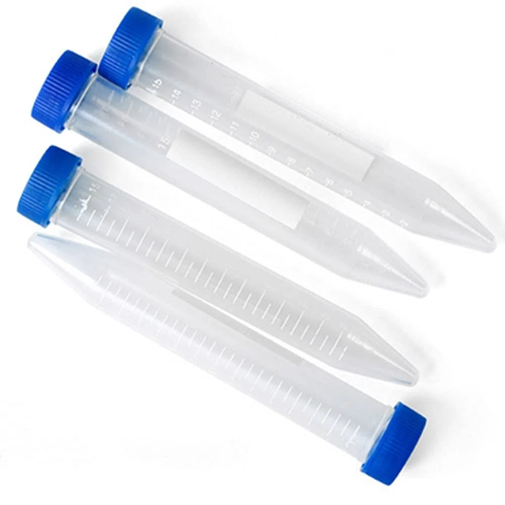 100 tubos centrífugos de plástico de 15 ml, tapa de rosca azul, base cónica, graduación marcada