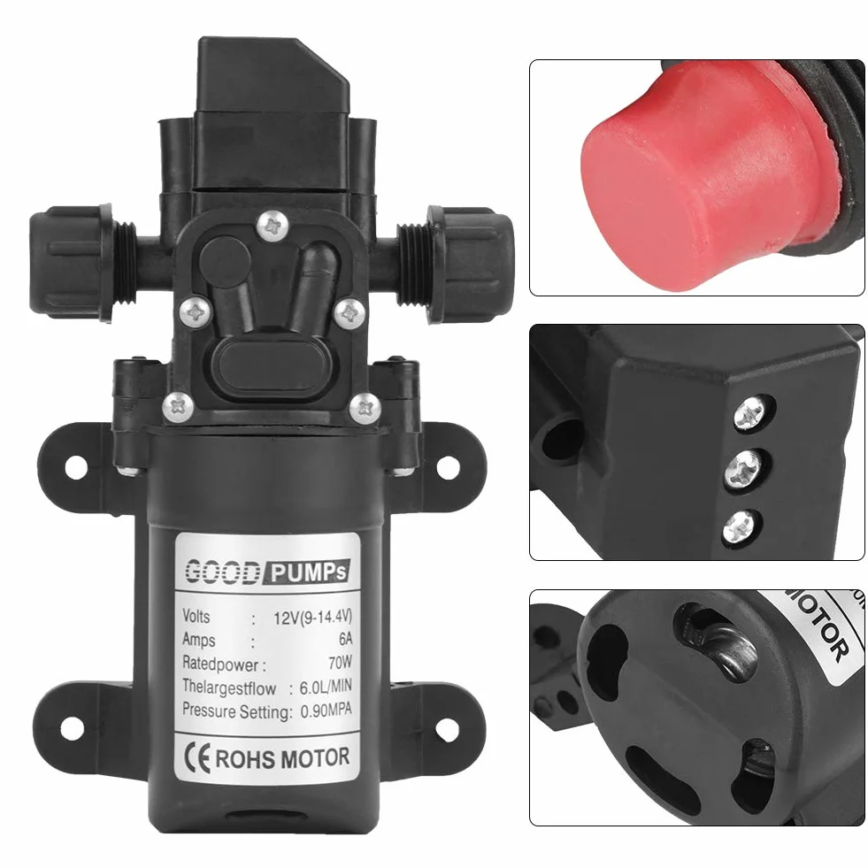 Bomba de Agua 12v 0.9Mpa 6L, Bomba de Diafragma de Alta Presión Autocebante, DC 12V 70W 4-6L/Min Bombas de presion de agua Alta Presion para Jardín, Caravana, Camping, RV, Botes